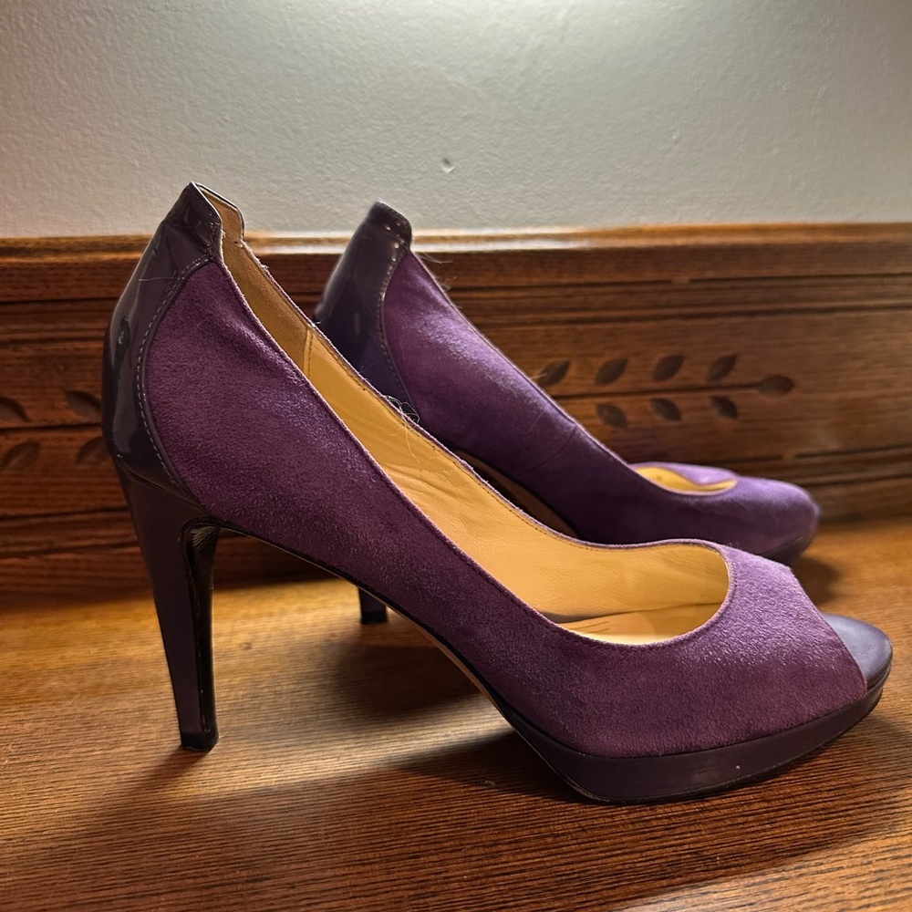 Cole Haan 7-1/2 B purple suede and patent leather peep-toe heels. Nike Air sole!
